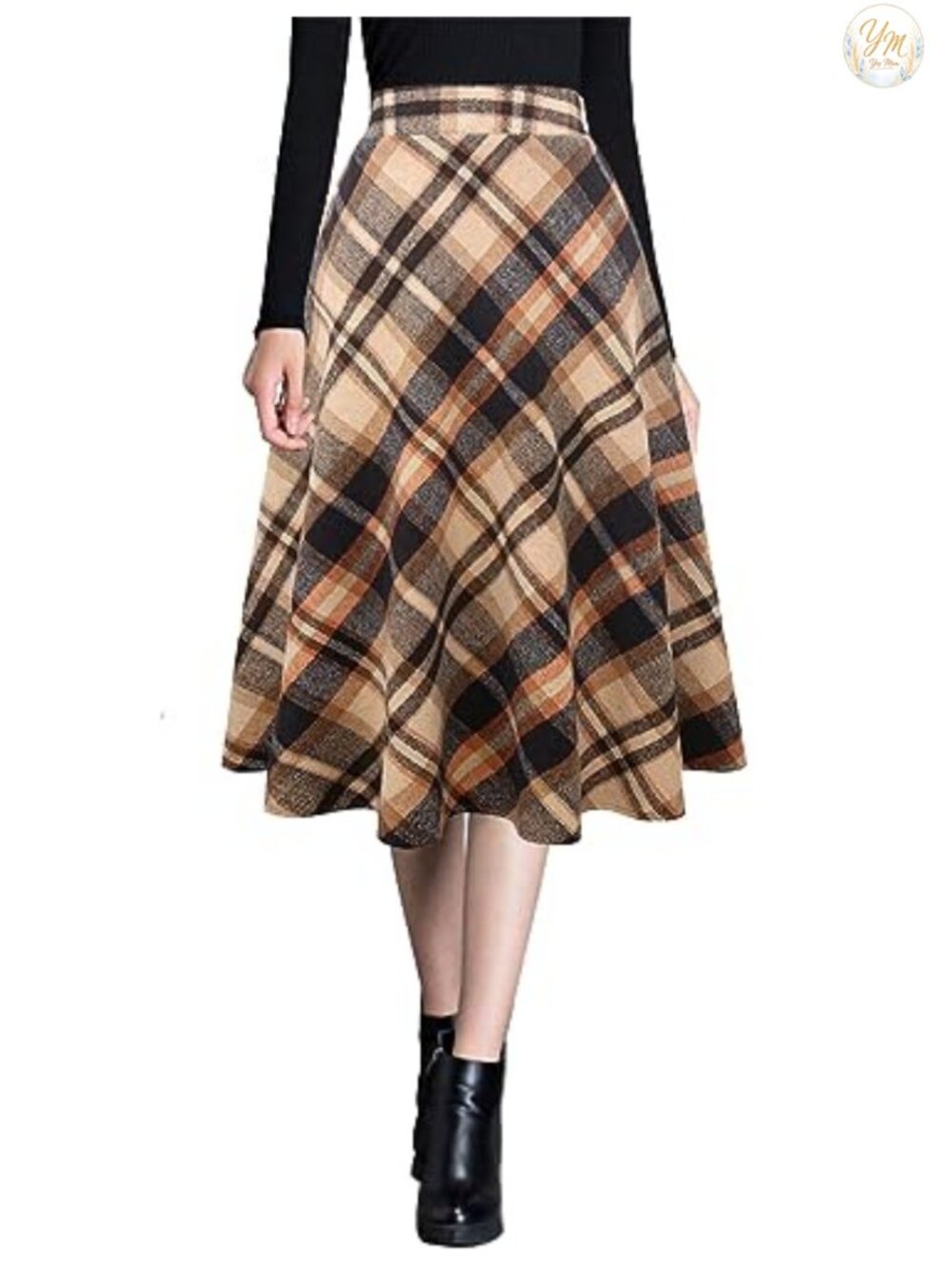 Wool Blend Midi Skirt High Waist A-Line Flared with Pockets